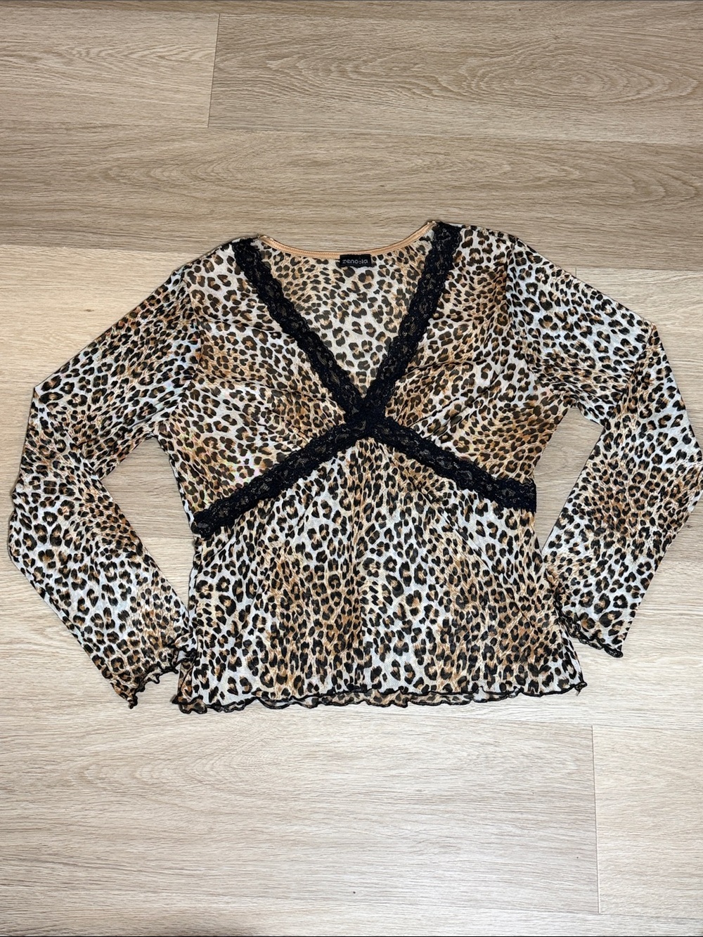 Y2K Zenobia Sheer Leopard Print Mesh Lace Trim Top S/M